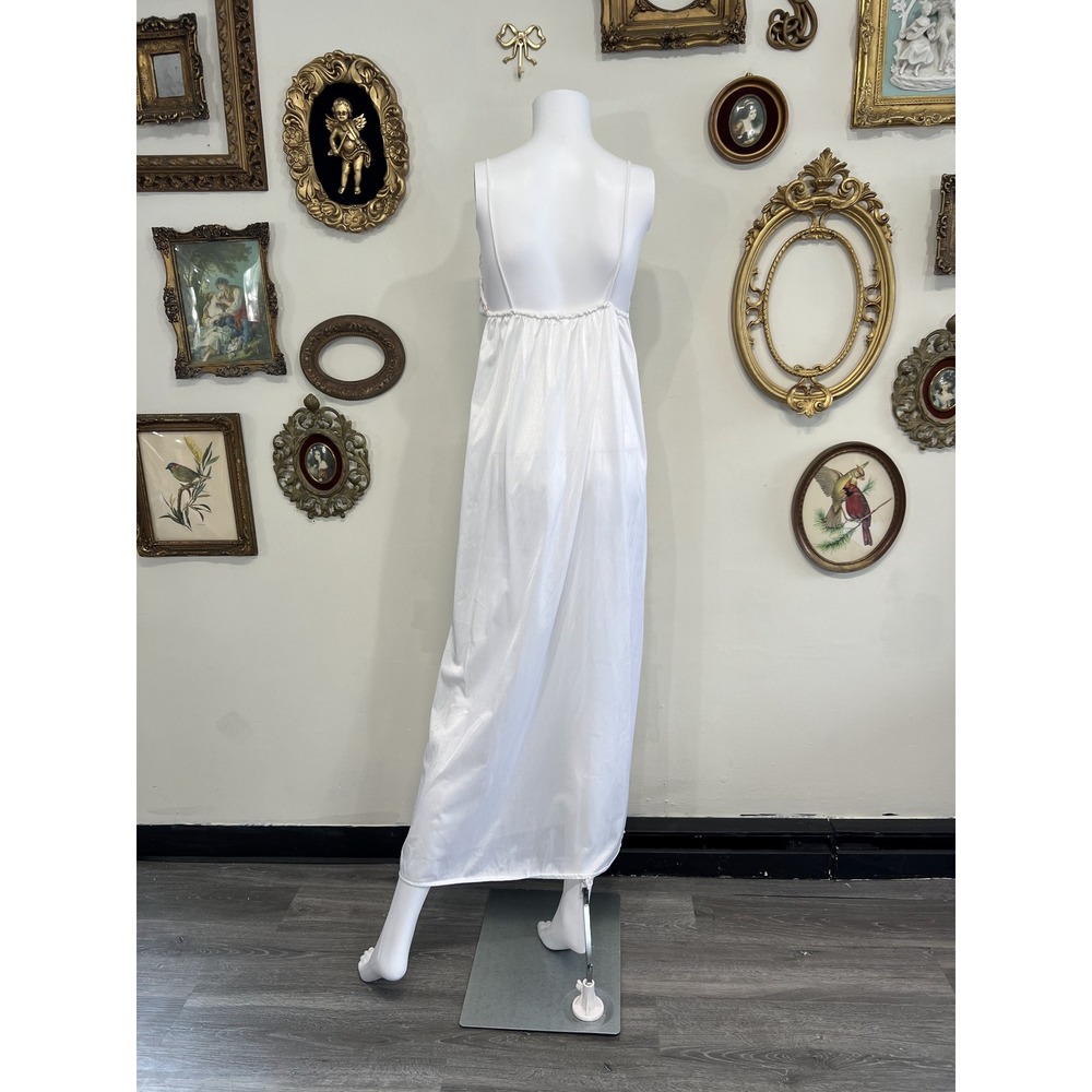 Vintage White Pink Floral Embroidered Satin Slip Dress Maxi Nightgown Size L - Picture 3 of 10